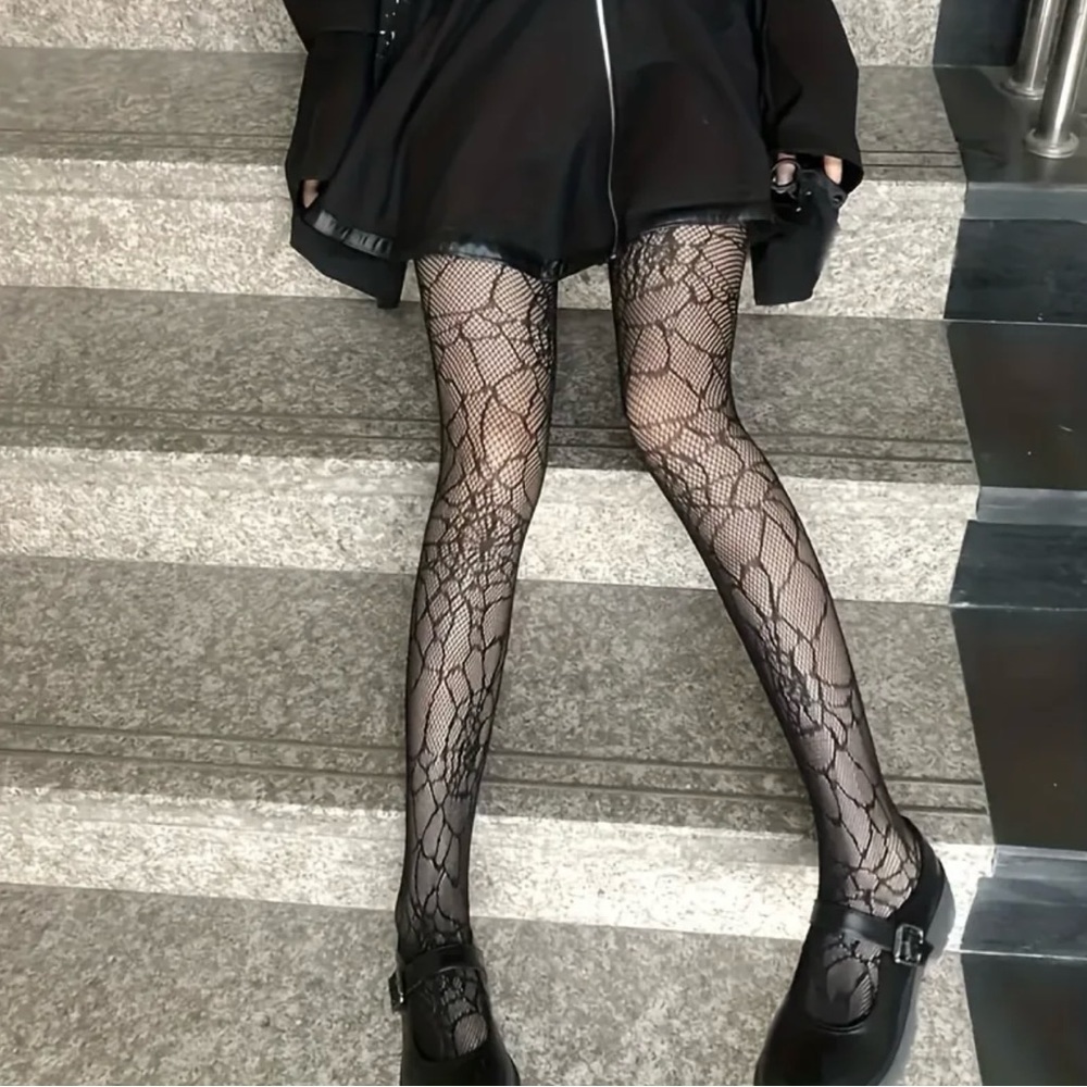 SpiderWeb Pattern Fishnet Tights Hollow Out High Waist Slim Fit Footed Pantyhose - Picture 9 of 12